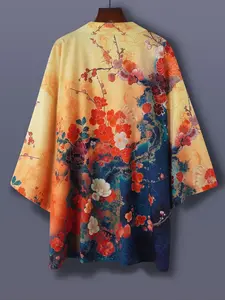 Japanese Style Floral Kimono Jacket, Vintage Cherry Blossom Print, Loose Fit Unisex Spring Summer Outerwear, Casual Streetwear Lady Womenswear Clothes