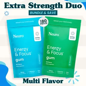 Extra Strength Duo - Energy & Focus Caffeine Gum (100mg) - Multi Flavor (2-Bulk Pouches)
