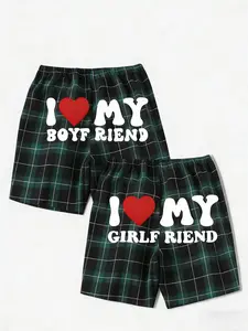 Viral Couple Matching Lounge Shorts, Homewear, 'I MY BOYFRIEND/GIRLFRIEND' Graphic Plaid Sleepwear, Soft Breathable Fabric, Cozy Home Pajamas For Couples, Trendy Matching Night Shorts, Couple Goals Nightwear, Popular