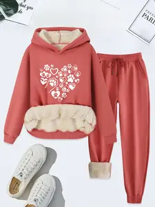 Women's Heart Print Thermal Lined Hoodie & Drawstring Waist Sweatpants Two-piece Set, Casual Lounge Set, Casual Long Sleeve Hooded Sweatshirt & Pocket Pants, Ladies Fall & Winter Clothes