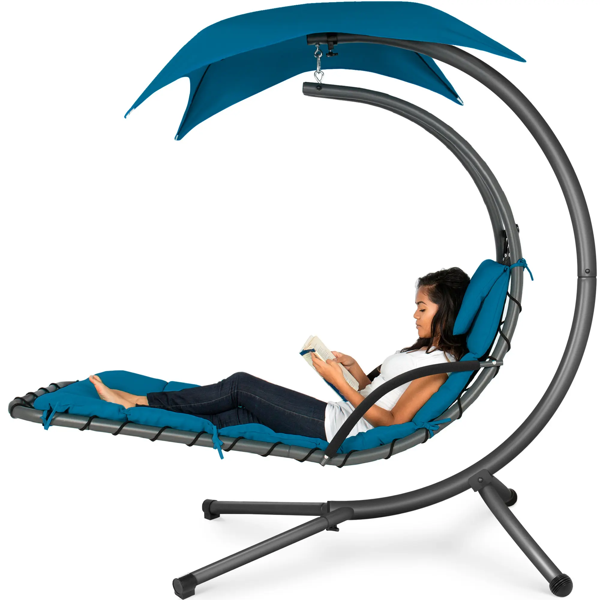 Best Choice Products Hanging Curved Chaise Lounge Chair Swing for Backyard, Patio w/ Pillow, Shade, Stand Best Choice Products Hanging Curved Chaise Lounge Chair Swing for Backyard, Patio w/ Pillow, Shade, Stand
