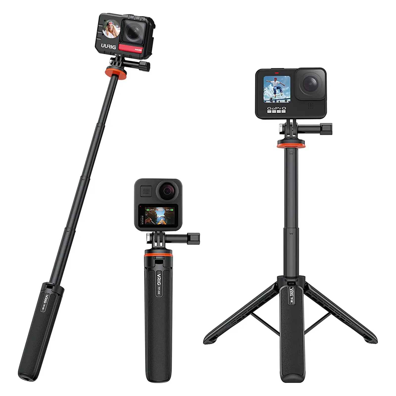 VRIG TP-08 20.1" Portable Selfie Stick Tripod for GoPro Hero 13 12 11 10 9 8 7 6 5 4 3 3+ 2 1 Session Mini Extendable Tripod for DJI Osmo Action & More Action Cameras for Vlogging