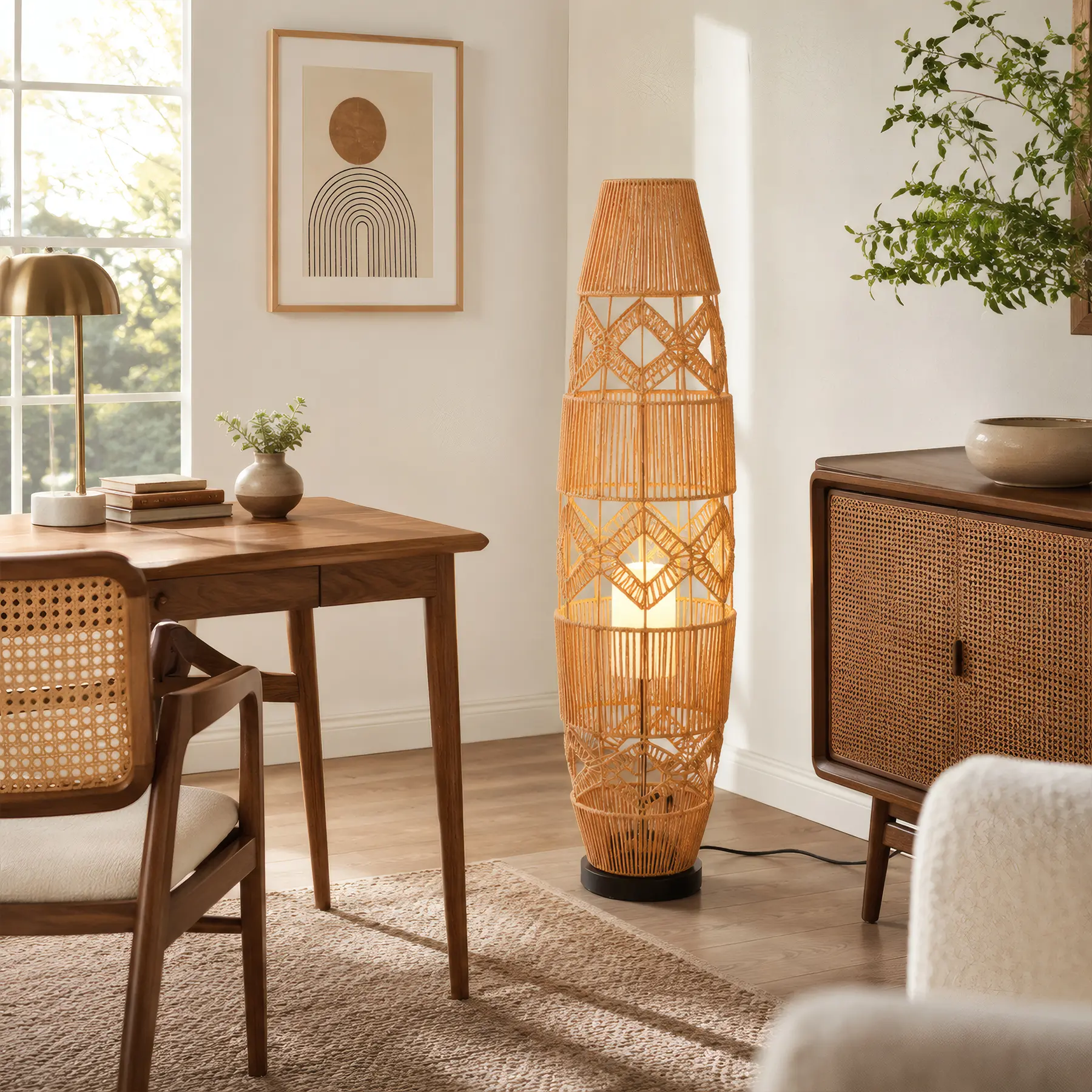 37.4 Inch Boho Rope Woven Floor Lamp, Handmade Rattan Standing Light for Living Room Bedroom