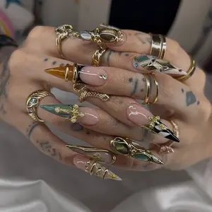 Nails By Helen | Handmade Gothic Baroque 3D Gold Cross Long Stiletto Press On Nails  Luxury Emerald Gemstone False Nail Art  Dark Academia Glitter Nails