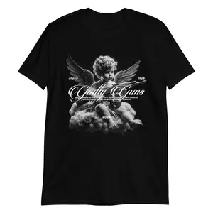 Men's Gothic Angel Graphic Tee, Loose-Fit Retro Grunge Shortsleeve Cotton Shirt with Seamless Design and Elastic Ribbed Collar
