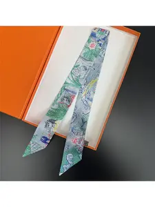 Korean Style Women Silk Scarf Long Thin Ribbon Scarf for Neck Hair Band Wrist Wrap Bag Decor Fashion Accessory Lightweight Soft Satin Twill Scarf Floral Print Scarf