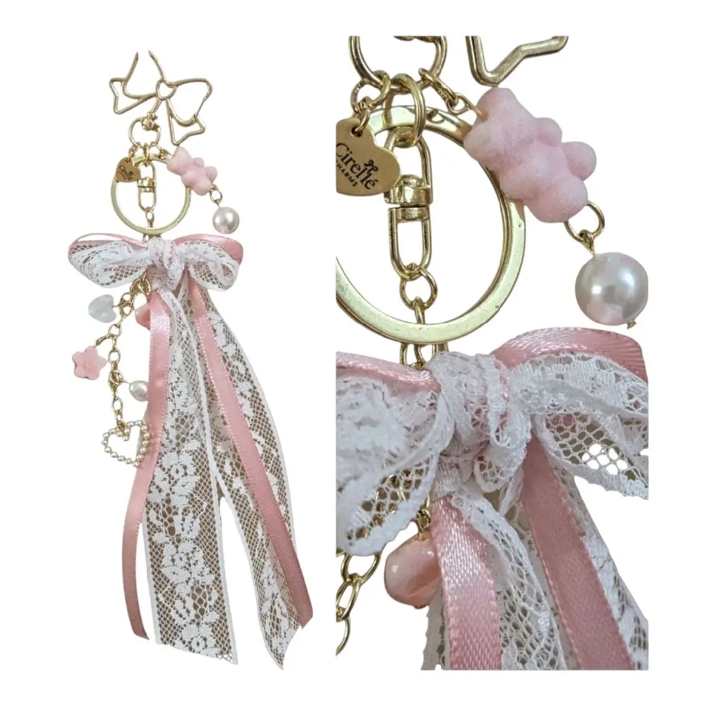 Coquette Keychain: Handmade Pink Lace Bow, Pearl Bag Charm