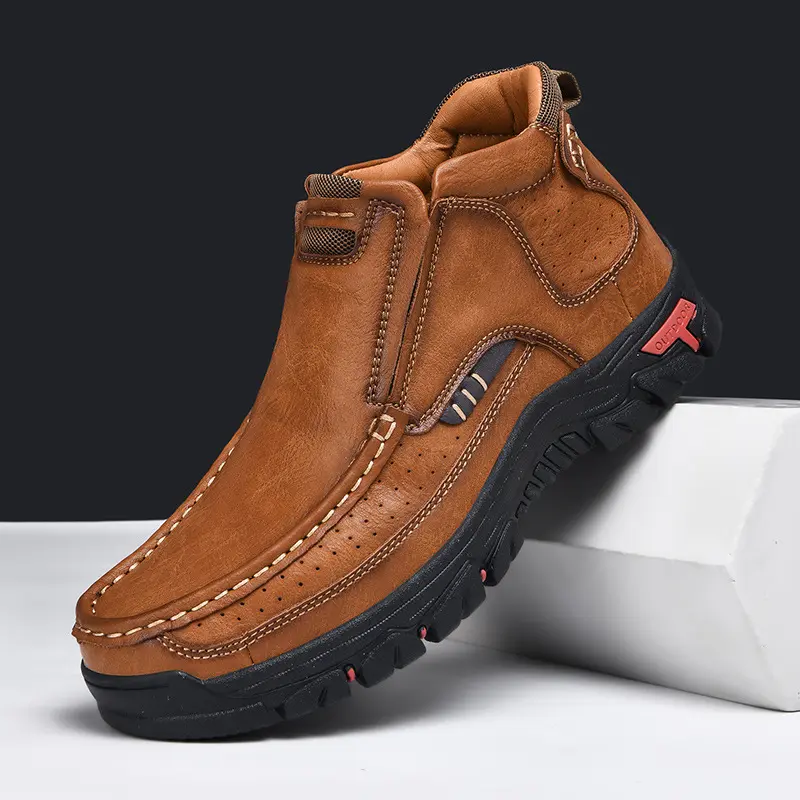 Men's Mid Top Slip On Outdoor Ankle Boots, Water Repellent Textured Upper Non-Slip Rugged Work Hiking Shoes, Comfort Cushioned Slip-In Daily Casual Footwear