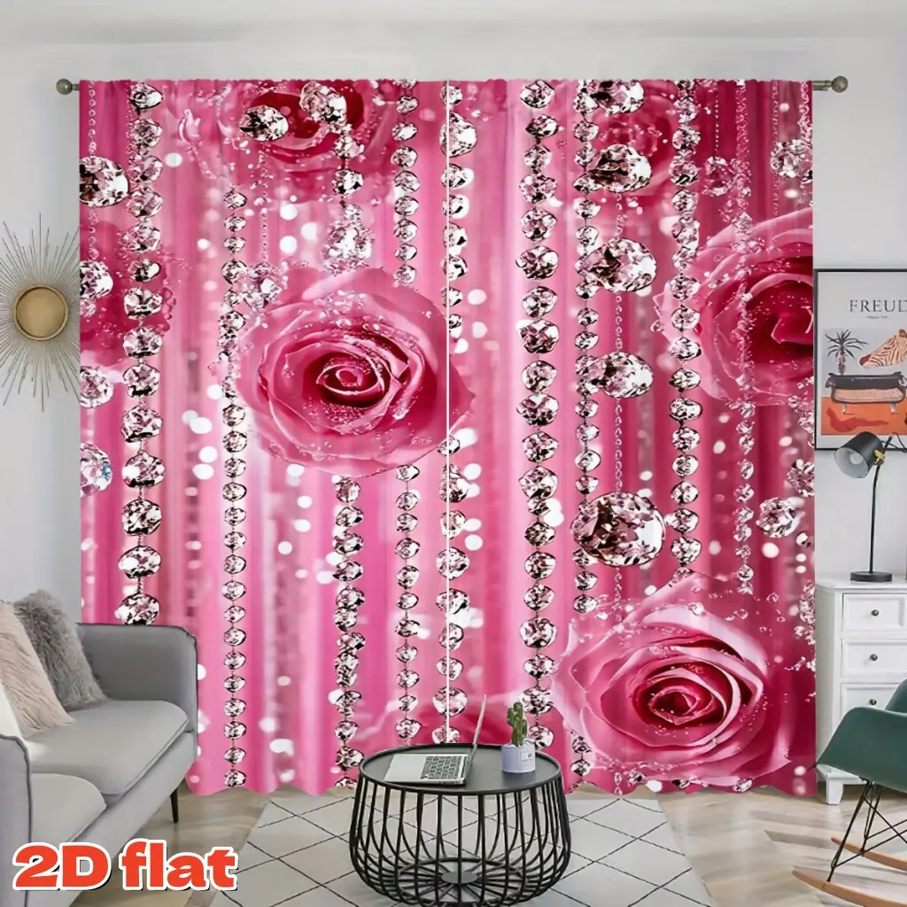 2D Flat 2Pcs Romantic Pink Rose & Diamond Drop Pattern Window Curtains, Elegant Shiny Crystal Design, Rod Pocket Style, Semi-Sunshade Polyester Fiber, for Home Living Room, Bedroom, Balcony, Kitchen, Study Decor, Anti-Privacy, Christmas Gift W