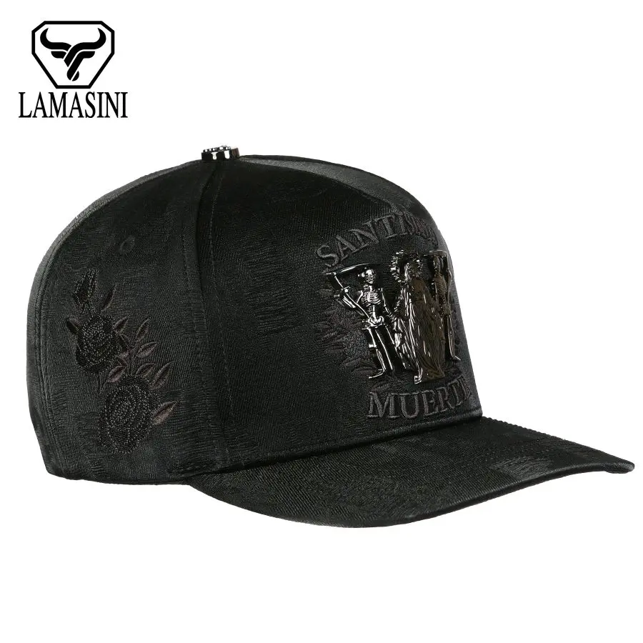 Unisex Men's Santa Muerte Cap - Style 7009, Black Lam Fabric Fashion Accessory Hat