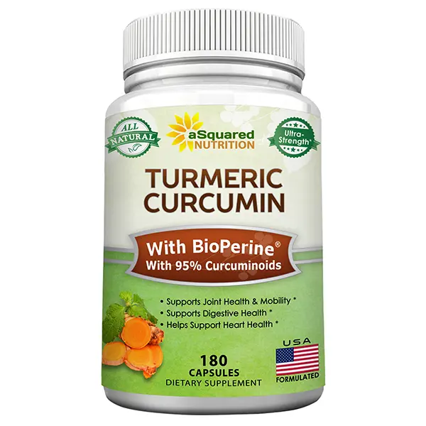 aSquared Nutrition Turmeric Curcumin 1300mg with BioPerine Black Pepper Extract - 180 Capsules - with 95% Curcuminoids, 100% Natural Tumeric Root Powder Supplements, Pure & Joint Stiffness Pills