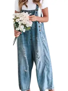 Ebossy Women Minimalist Blue Loose Strappy Adjustable Strap Denim Bib Overall Jeans Distressed Wide Leg Baggy Overalls Jumpsuit Womenswear Basic Coveralls Casual
