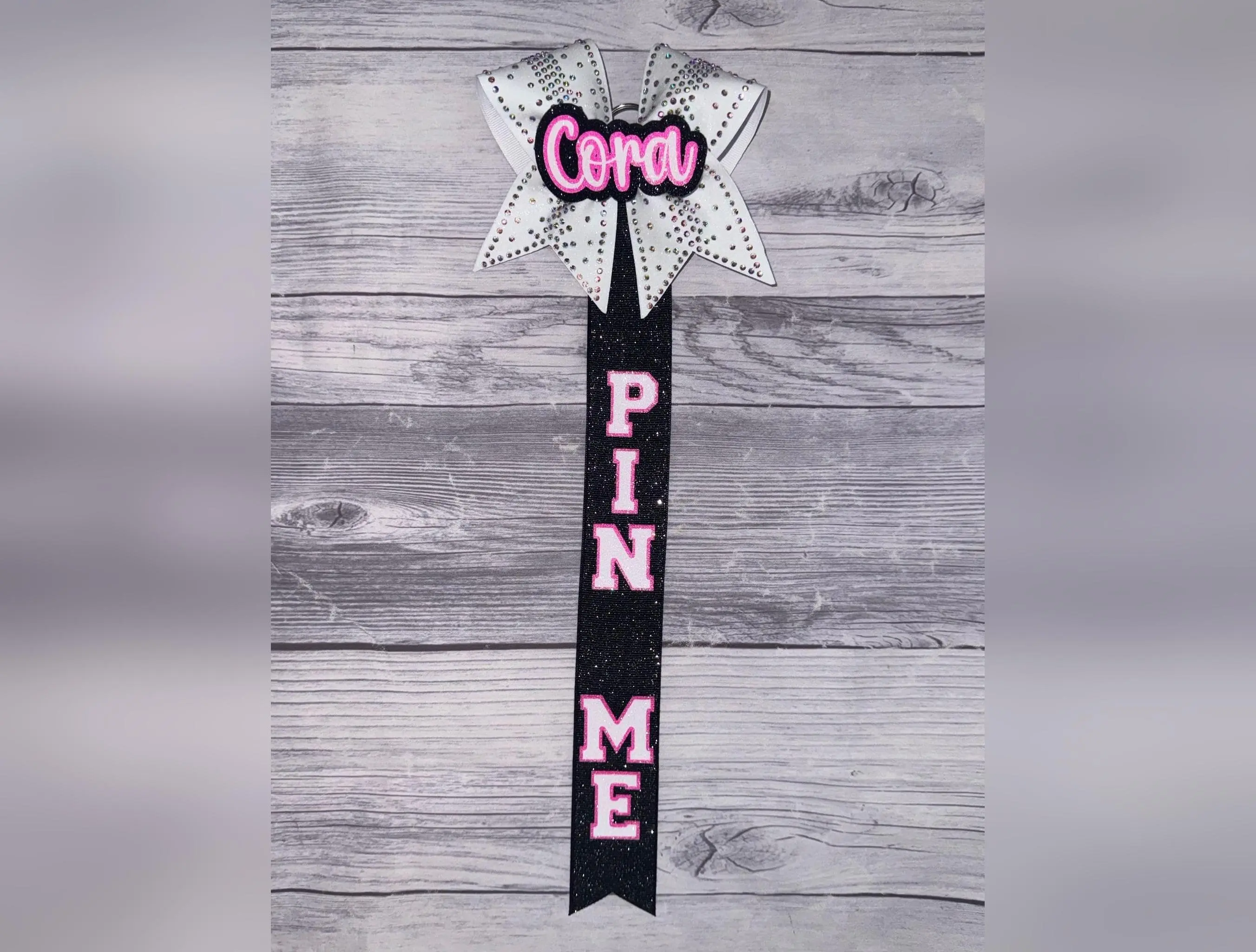 White Rhinestone Cheer Pin Me Ribbon