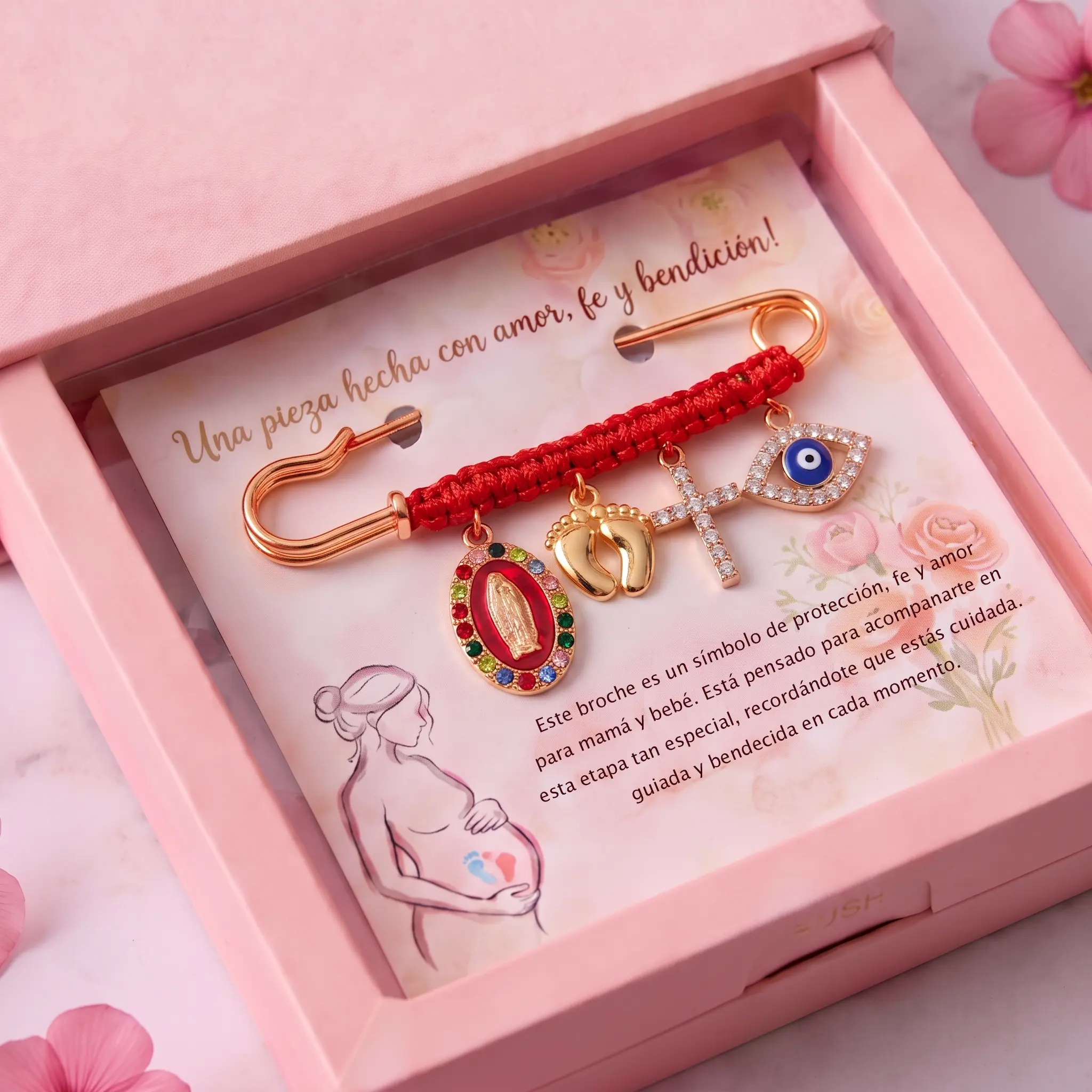 Pregnancy Protection Brooch for Expectant Mothers, Metal Coated Alloy Pin with Symbolic Guardian Charms and Rhinestones, Safety Clip with Red 7-Knot Bracelet, Abs, Engagement, Newborn, Baby Shower Gifts, Evil Eye, For Females, Memorial Day, Metal Coating,