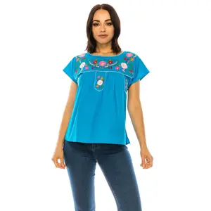 Women Traditional Puebla Mexican Embroidered Blouse Turquoise MT801