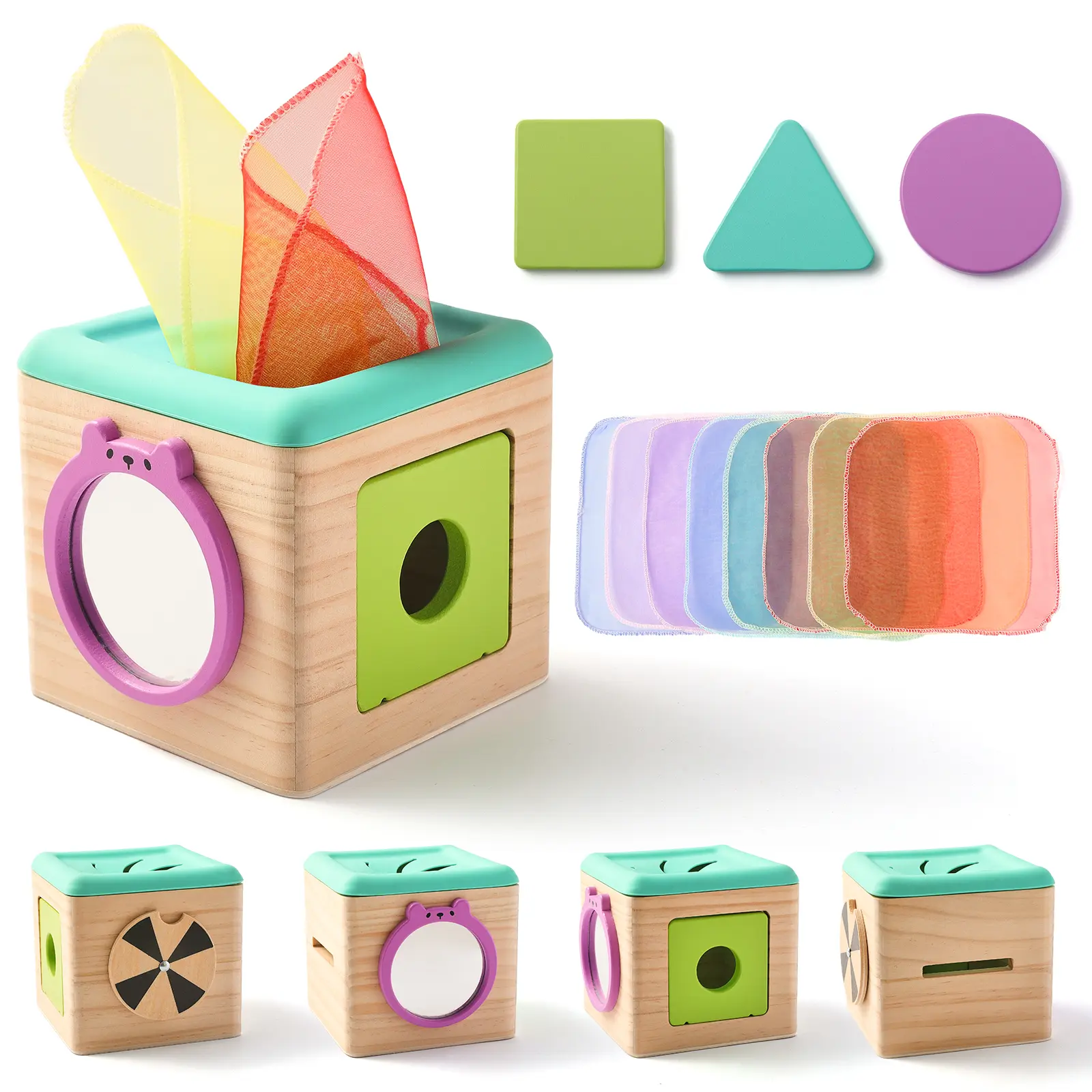 Wooden Baby Tissue Box Toy - Montessori Tissue Box Toy for Babies with 3 Shape Blocks & 8 Silk Paper, Baby Boy Girl Gifts for Babies Birthday Children DealsForYouDays
