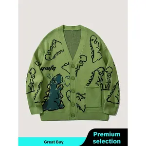 Men's cartoon dinosaur printed pocket button front cardigan, spring and autumn loose casual off shoulder long sleeved V-neck knit sweater, fashionable men's knit sweater for daily wear, cartoon printed sweaterRAIMENTRY