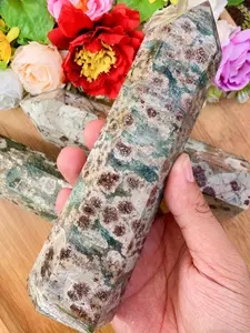 1pc Green Cherry Blossom Flower Agate Polished Crystal Tower Point Gemstone Obelisk Wand Green Patterned Flower Agate, Home Decoration Piece, Holiday Party Favors, Crystal Gifts for Parents, Crystal Crafts, Crystal Collection, Healing Energy