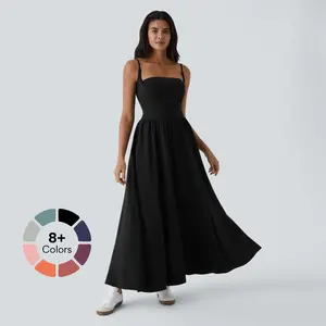 Halara Breezeful Backless Side Pocket Plicated Flowy Flare Maxi Quick Dry Casual Slip Dress