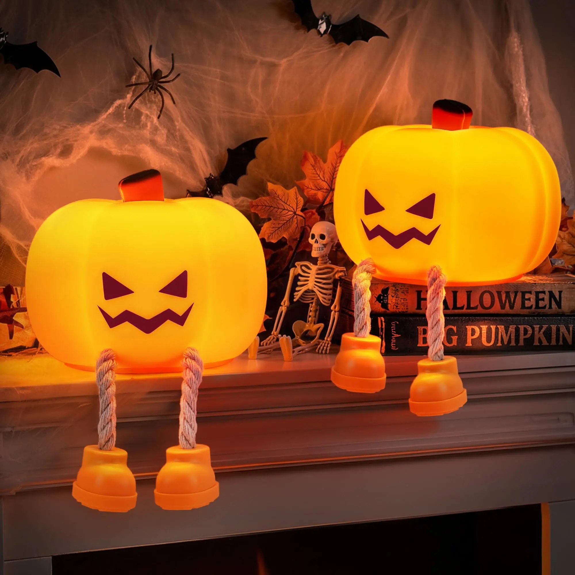 Halloween Pumpkin Night Light, 2 Pack Rechargeable Dimmable Pumpkin Night Light, Grinning Pumpkin Bedside Touch Lamp, Tap Control Nightlight for Baby Nursery Toddler Women Kids Desk Halloween Decor