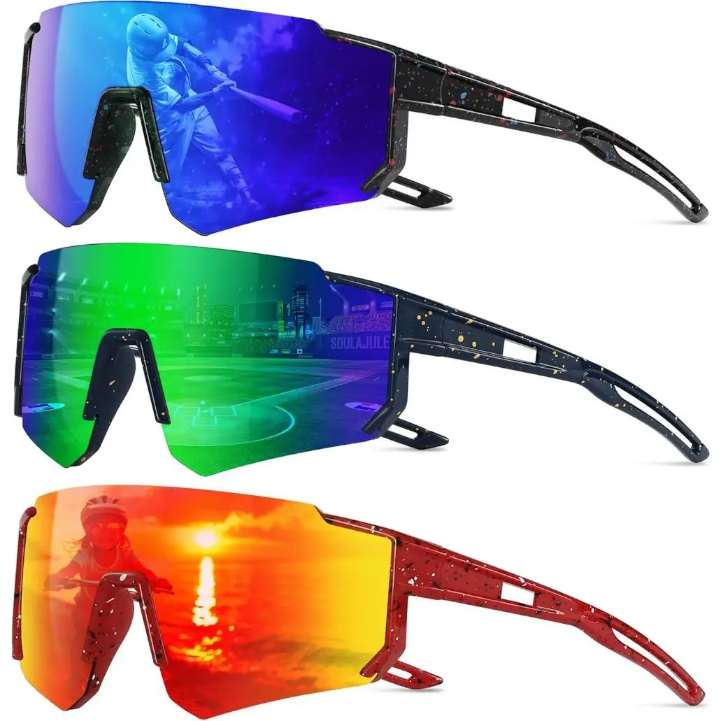 Sports Sunglasses for Kids, 3-Pack Polarized Wrap Style for Biking and Baseball with UV400 Protection and Strap, Biking Sunglasses