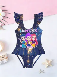 Girls' Quick-Dry Swimwear with Ruffle Design, Cartoon Anime Theme Swimsuit, Fitted Casual Style, Kids Swimming Costume