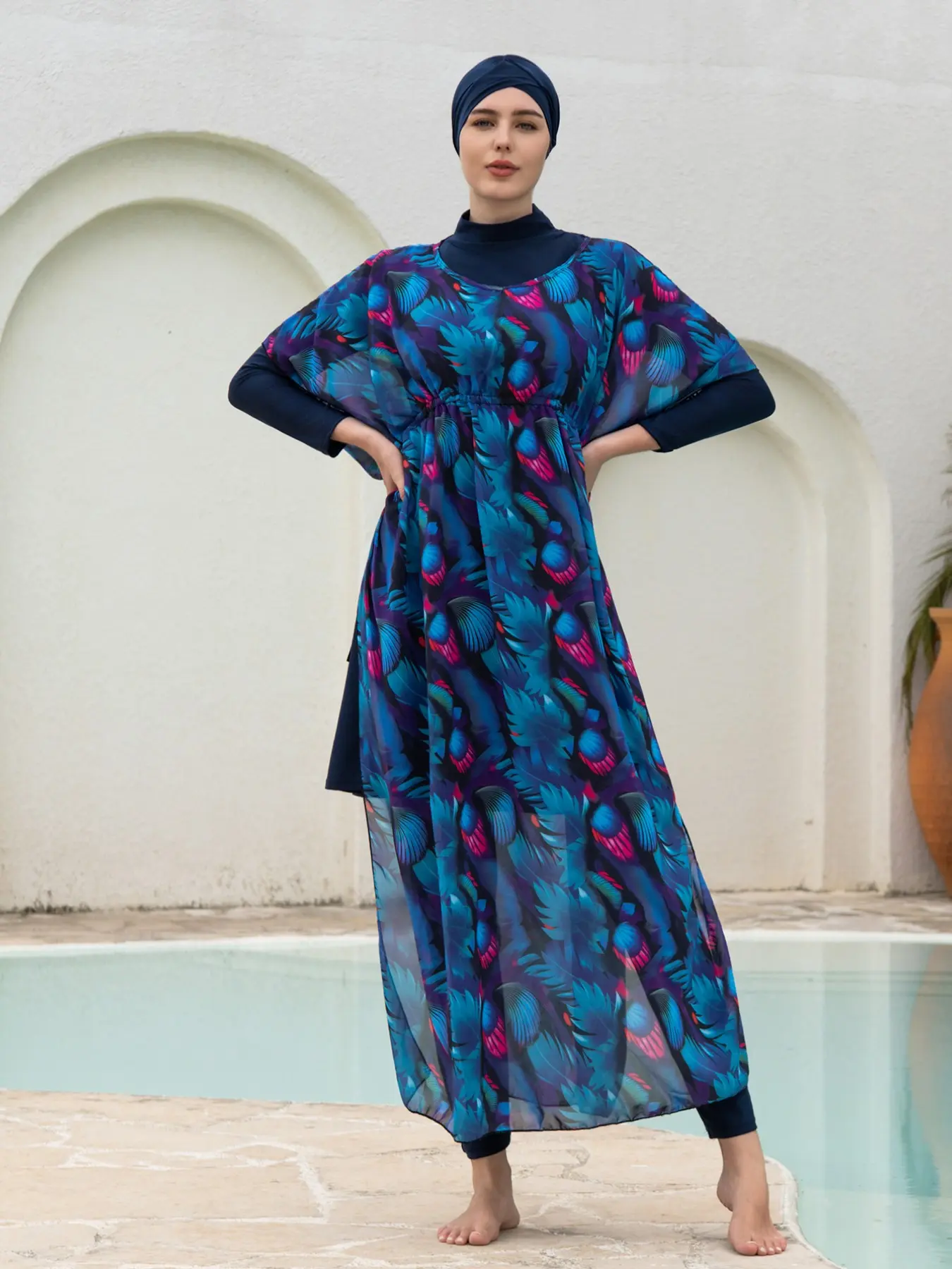 Women's Long Sleeve Plant Pattern Swimwear Set, Conservative Middle Eastern Style Bikini Suit, Summer Beach Vacation Wear, Modest Swimming Wear, Modest Swimsuit