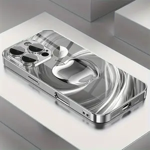 Stylish Stainless Steel Apple Pattern Mobile Phone Case for iPhone 16Promax 15plus  14Pro 13 12 11  With a glass-like texture and lens protection