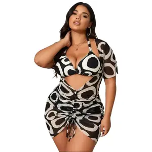 Women's 2026 New Plus-Size 3-Piece Swimsuit Set - Black White Swirl Print, Mesh Cover-Up, Flattering Fit, Slimming Cut, Quick-Dry Fabric, Ideal for Vacation, Summer Sports