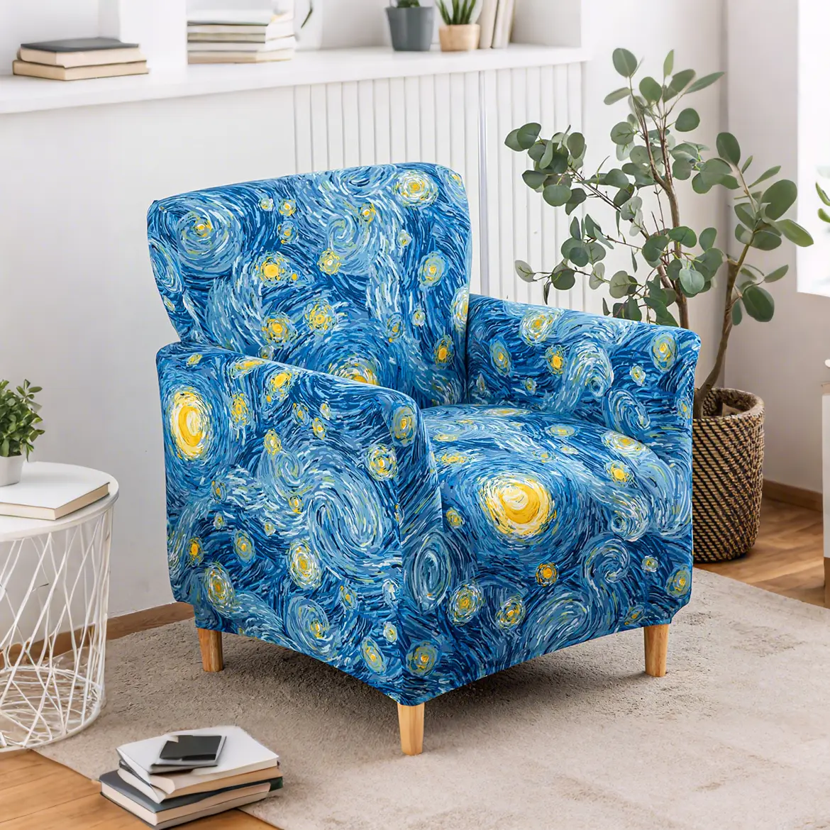 Printed Stretch Armchair Slipcover - 1-Piece Accent Chair Cover with Arms, Soft Saucer Chair Furniture Protector for Living Room