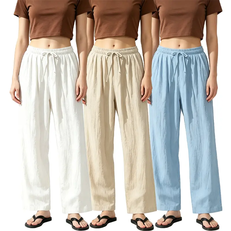 3-pack women’s casual loose linen wide-leg pants with an elastic drawstring waistband; soft, lightweight, comfortable, breathable straight-leg trousers suitable for yoga, beach volleyball, and other outdoor activities.
