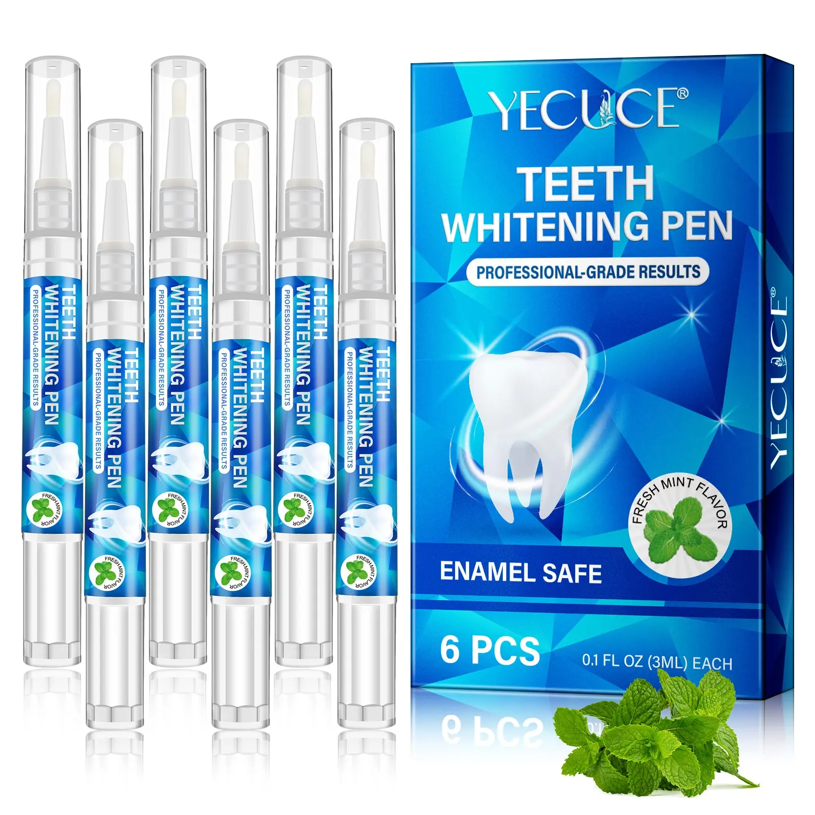 Yecuce Teeth Whitening Pen 6 Pack, Fresh Mint Flavor, Removes Bad Breath, Gentle Ingredients, Safe and Effective, Eliminates Stains, Long-Lasting Results