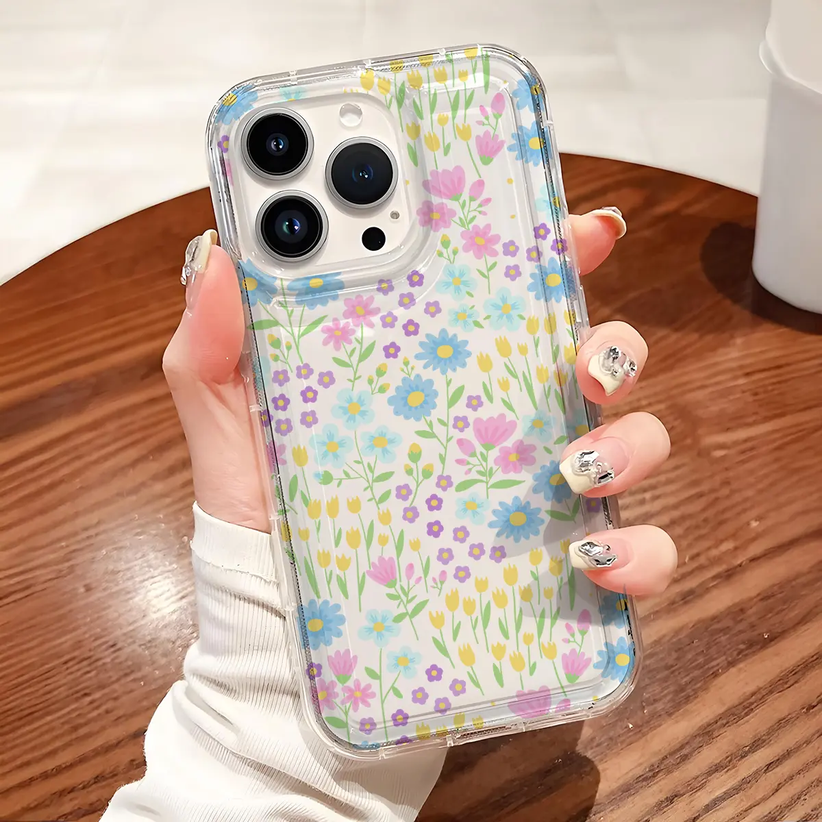 Wildflower Pattern Soft TPU Flexible Full-Body Airbag Shockproof Protection Phone Case , Clear Cover For iPhone 16 15 14 13 12 11 Pro Max Plus Xsmax