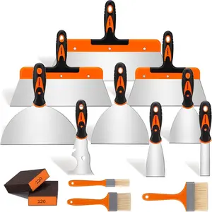 THINKWORK 14Pcs Stainless Steel Drywall Tool Set with 9 Putty Knives 3 Paint Brushes & 2 Sanding Sponges for Home Improvement Repair & Painting