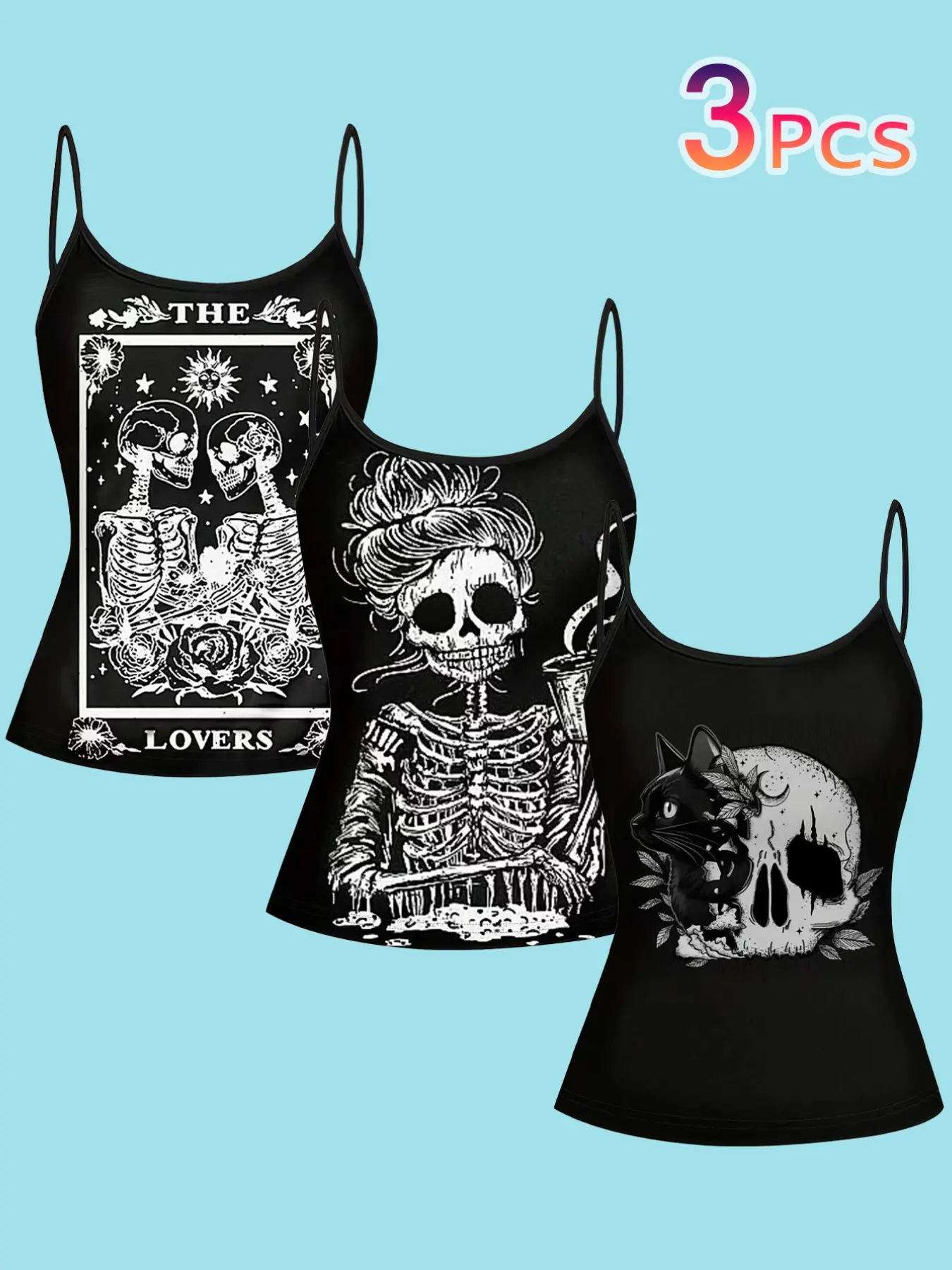 3-Piece Gothic Skull Print Strapless Top, Tarot Devil Lover Thin Shoulder Top, Retro Tattoo Pattern Sleeveless T-Shirt for Women