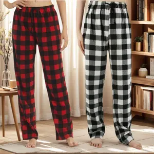 2 Pack Christmas Plaid Fleece Pajama Pants for Women Comfy Lounge Pants Flannel Sleep Pant Sleepwear Drawstring Pj Bottoms Lightweight Loose Soft Polyester Smooth