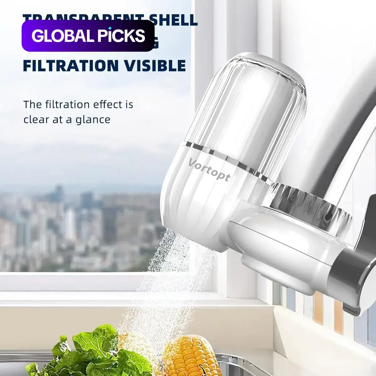 Faucet Water Filter with Transparent Shell, Sediment Carbon Filter, 400-Gallon Capacity, Tap Water Filter Mount for Kitchen and Bathroom Sink, Reduces Chlorine for Better Taste, Water Filtration System #GLOBAL PICKS