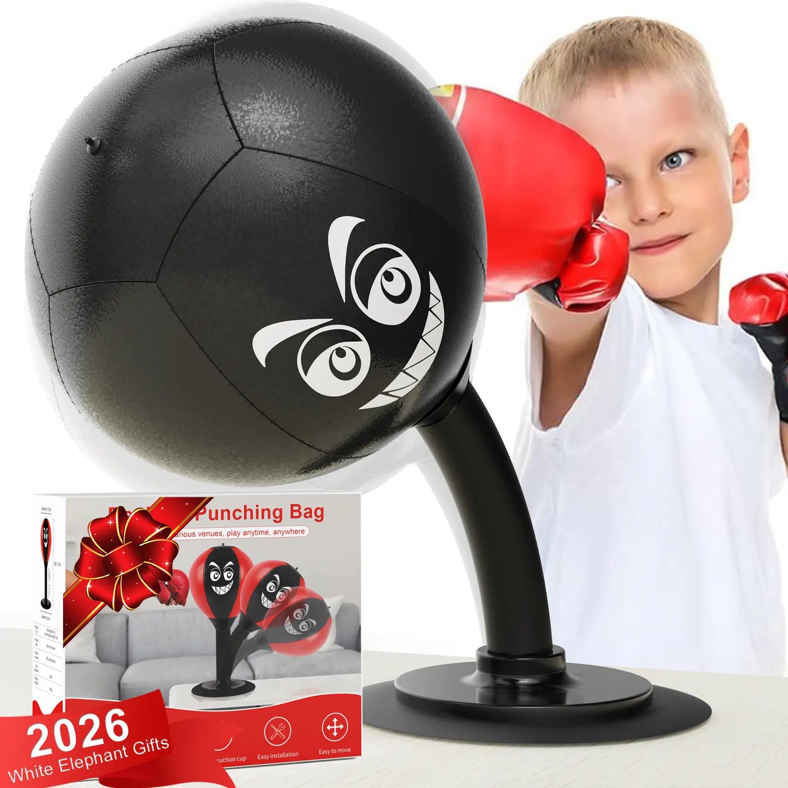 Mini Punching Bag with Suction Cups - Heavy-Duty Boxing Rebound Ball, Quick Desk Install, Fast Reflex Boost, Stress Reliever for Coworkers, Sports Toy for Playroom Use