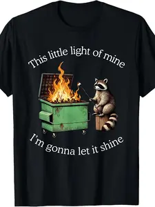 My Soft Glow Raccoon Trash Can Fire Meme T-Shirt, 6.35 oz, 100%, Vintage Round Neck, Slightly Stretchy, Regular Fit, Suitable for Adults in All Seasons