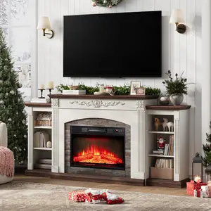 Electric Fireplace TV Stand with Mantel, Indoor Furniture Entertainment Center, Fits TVs Up to 80", Realistic Stacked Stone Surround, Wooden Carved Decorative Mantel, Ideal for Living Room