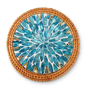 2pcs Boho Heat-Resistant Coaster| Handwoven Rattan & Colorful Shell Coasters| Natural Non-Toxic Home Decor, Perfect Mother’s Day Gift