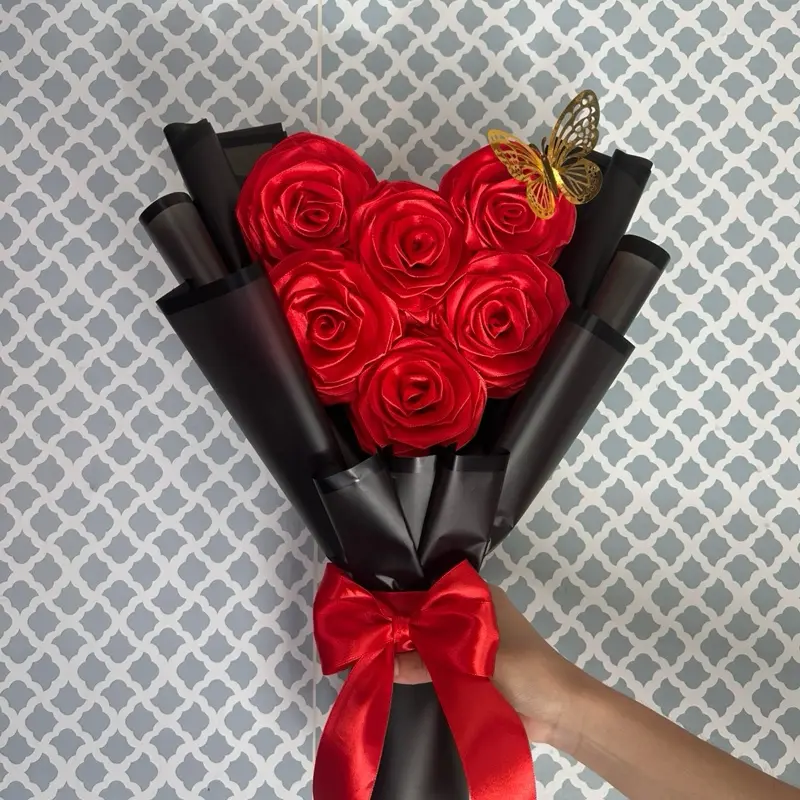 Heart Shaped Satin Ribbon Rose Bouquet