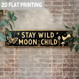 2D Flat, 1pc "Stay Wild Moon Child" Metal Wall Art - Rustic Farmhouse Decor with Moon, Stars, Butterfly - Vintage Boho Sign in Golden on Dark Background - Large Vintage Metal Poster for Living Room, Bedroom, Dorm - Easy Hang with Pre-Drilled Holes