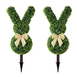 Artificial Bunny Topiary Outdoor Plants with Spike 36inch UV Resistant Faux Boxwood Easter Decorative Cute Rabbit Trees Fake Green Plants for Front Porch Home Garden Ornaments Set of 2 Fruit Decoration