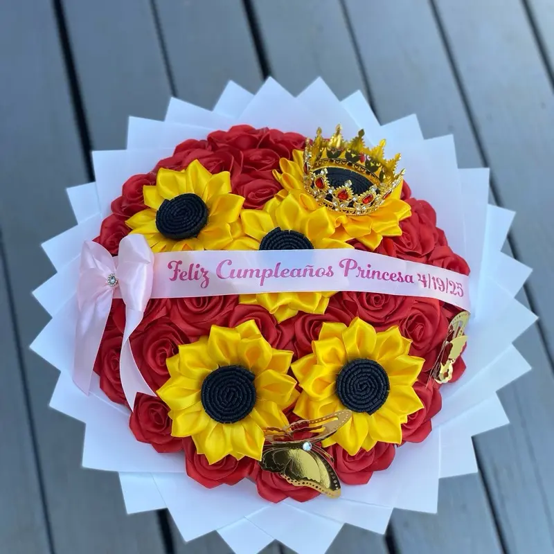 Bouquet sunflowers roses red