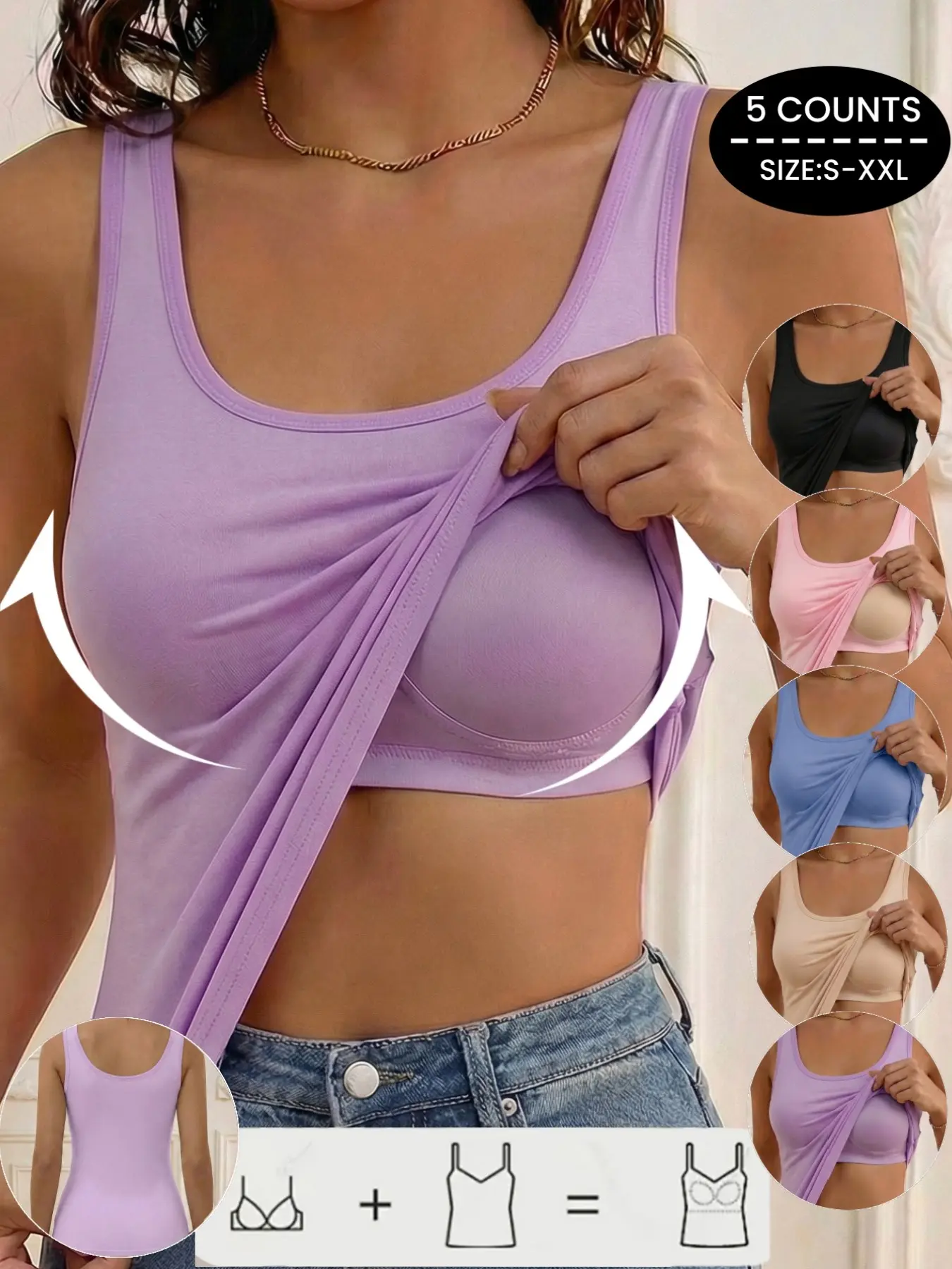 Women's Built in Bra Tank Top,Minimalist Bodycon Tank,Sleeveless Soft Basic Vest,High Elastic Soft Undershirt,Wide Straps&Round neck,Women Slim Bottoms for Daily Casual wear,Casual Fitted Sleeveless,Casual Fashion Sleeveless,All Seasons