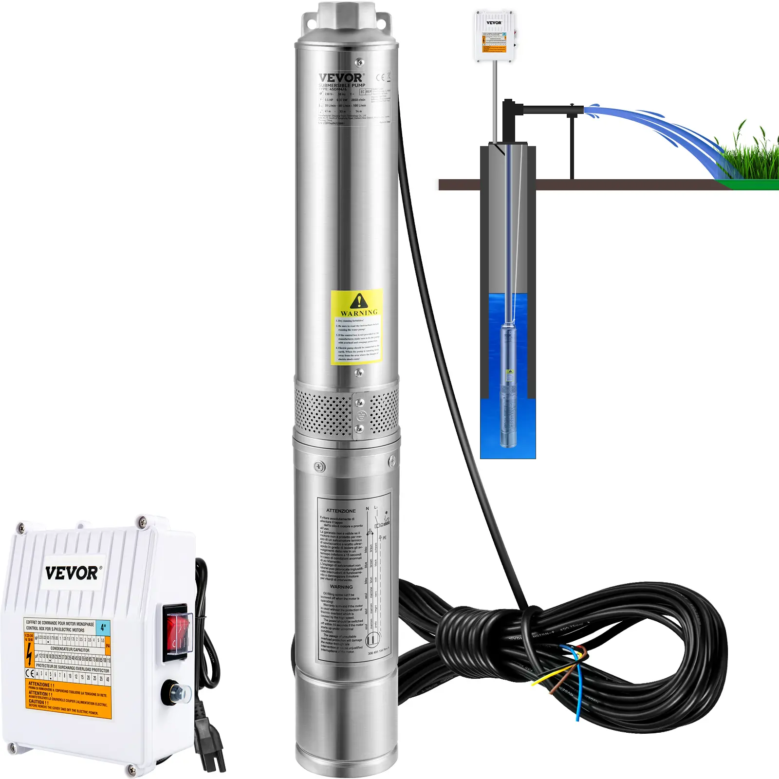 【Summerfinds】VEVOR 1.5HP 4" Stainless Steel Heavy Duty Deep Well Submersible Pump, 115V/60Hz, 37gpm, 276ft Head, 33ft Cord, External Box, IP68 Rated, Overload Safe, Pipe & Parts Included for Farmland & Home Irrigation