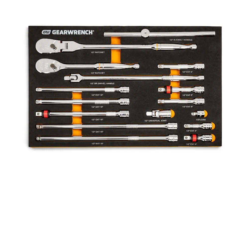 GearWrench 86522 16 Pc. 1/2" 90-Tooth Ratchet & Drive Tool Set with EVA Foam Tray