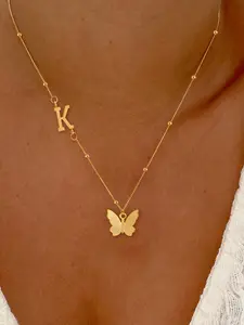1Pcs Butterfly Initial Pendant Necklace For Women Initial Letter Necklace Simple Fashion Golden Stainless Steel Bead Chain Necklaces For Women