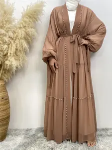 Women's Faux Pearl Decor Belted Chiffon Abaya, Modest Lantern Sleeve Open Front Abaya for Daily Wear, Women's Islamic Clothing for Spring & Fall